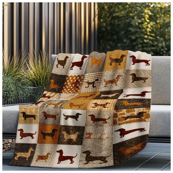 Dachshund Quilt Patterned Velour Throw Cozy Multi-Purpose Ideal Use Year-round - Picture 3 of 6